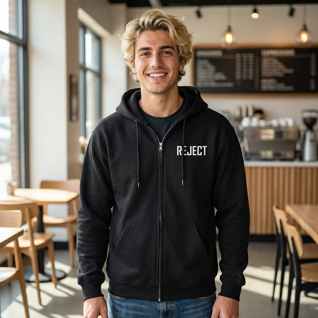 Reject Zip Hoodie — Retro TV Graphic Full-Zip Sweatshirt