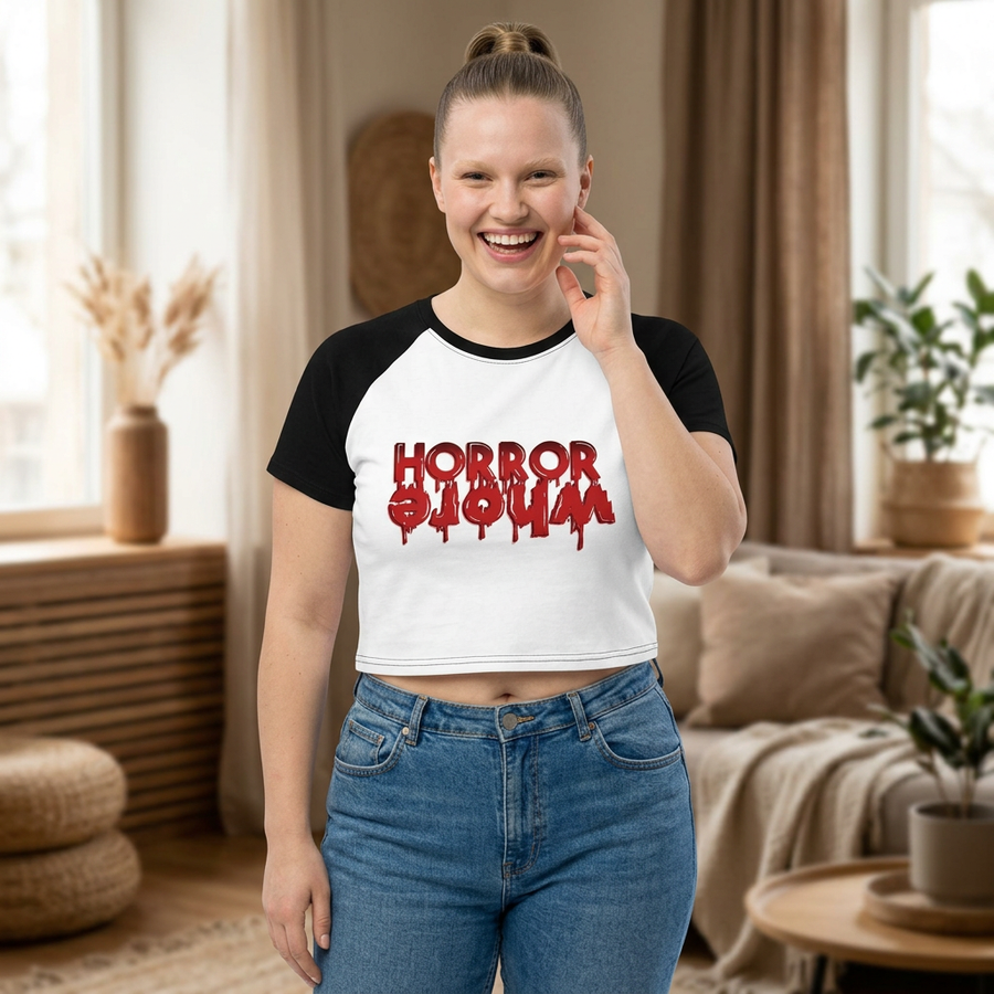 Horror Squad Raglan Baby Tee — Women's Red Sleeve Graphic Tee