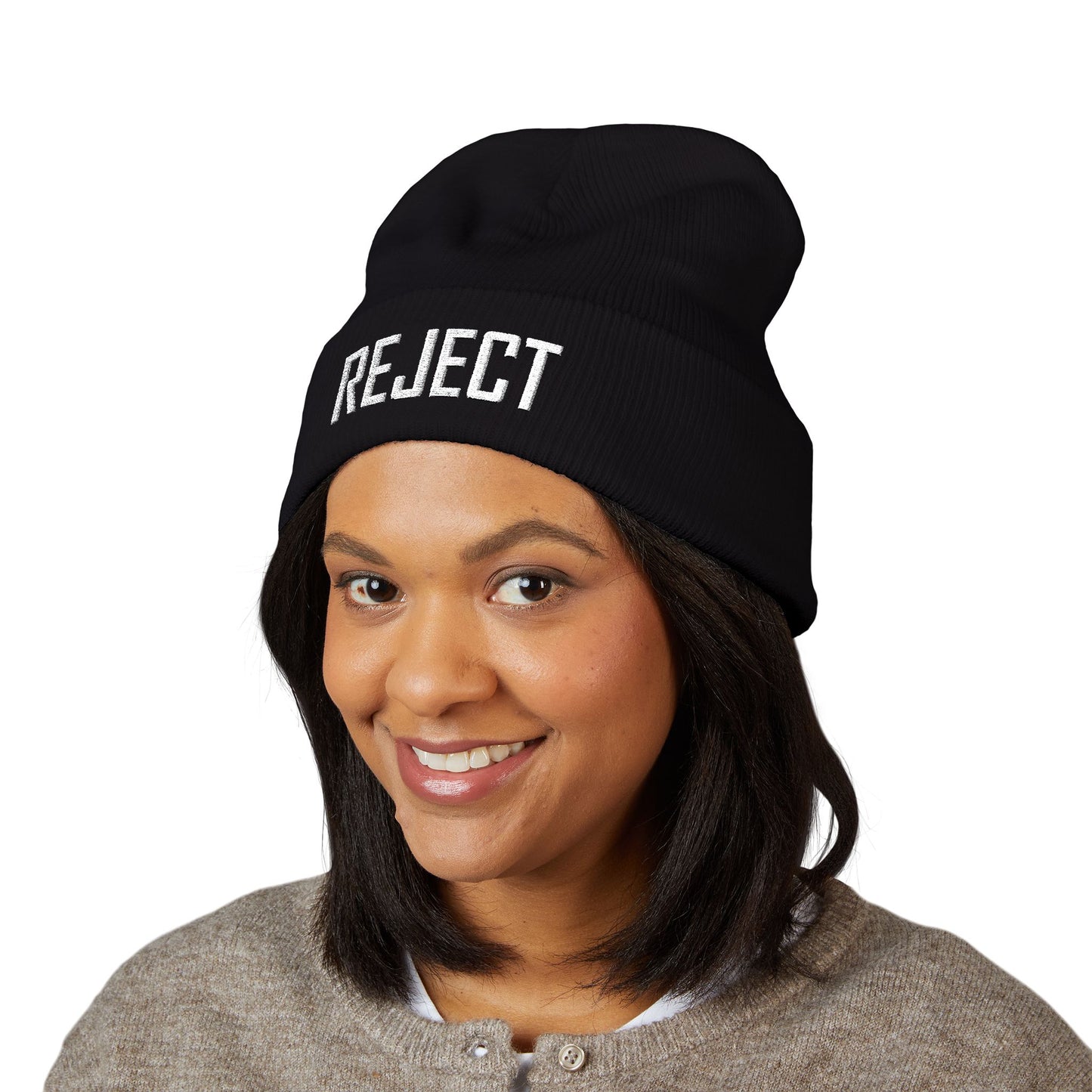 She-Ject Embroidered Cuffed Beanie-White