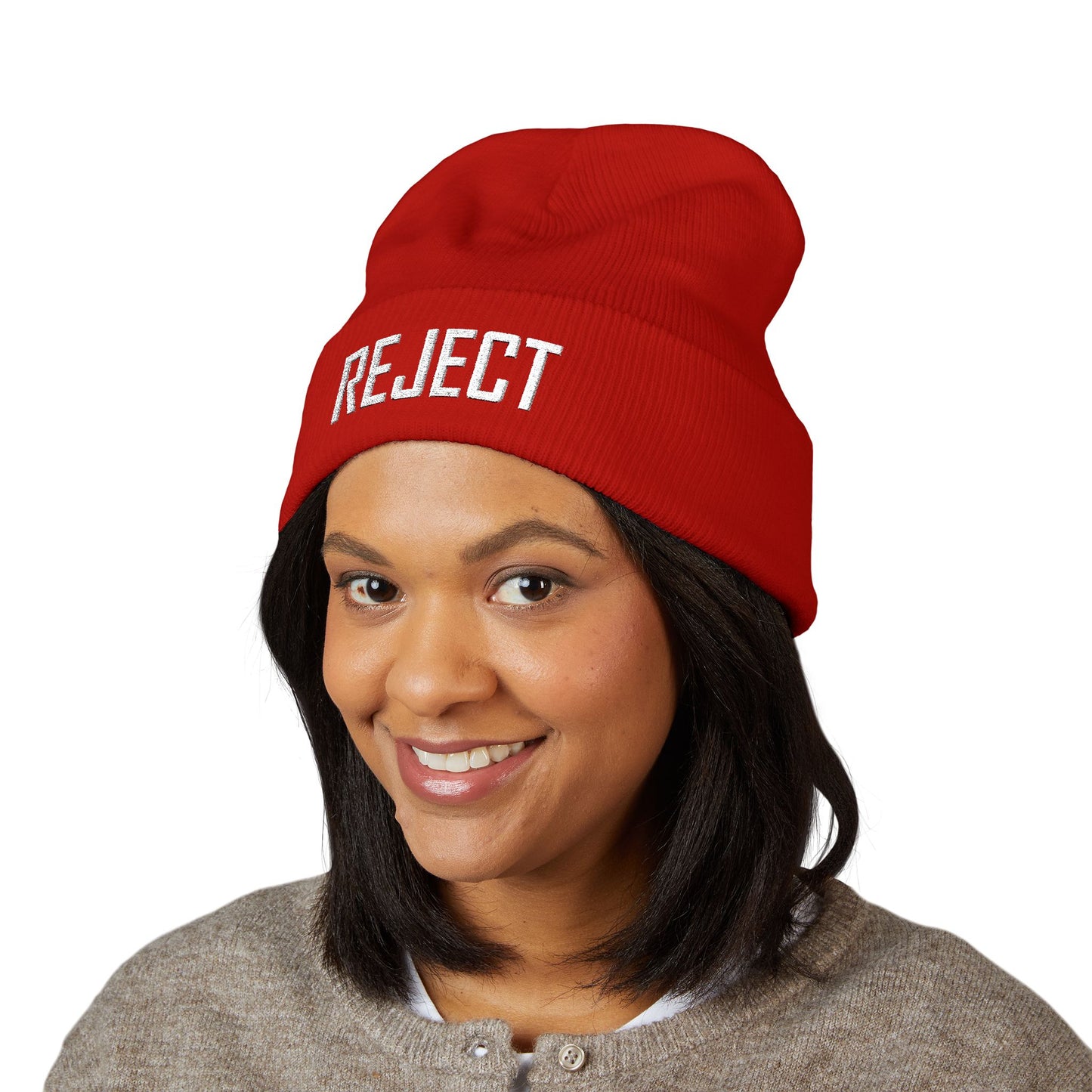 She-Ject Embroidered Cuffed Beanie-White